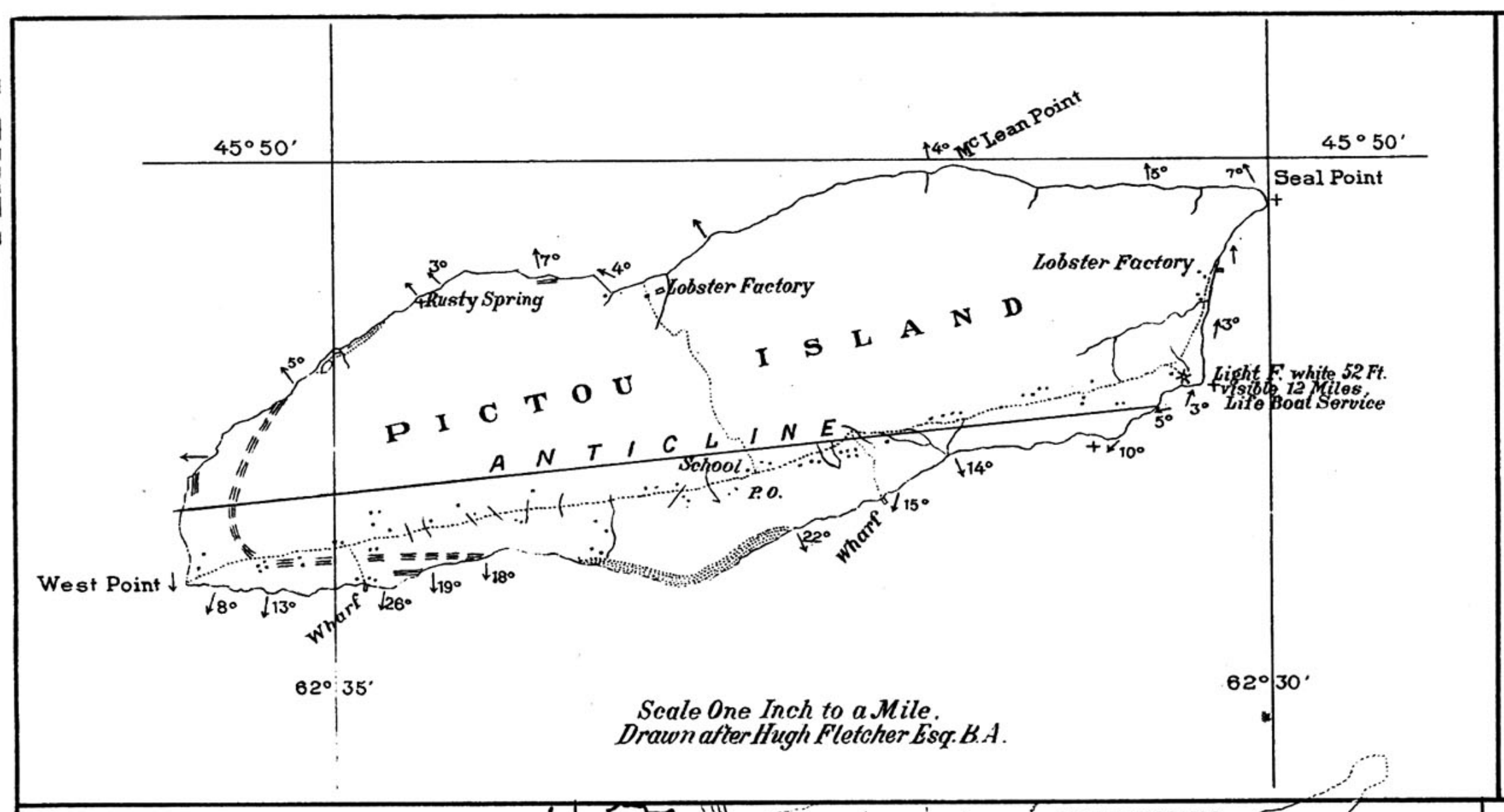 Historical black-and-white map of Pictou Island with West Point and Seal Point, two wharves, two lobster factories, a school, east lighthouse and geological anticline.