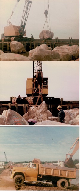 Three colour photographs showing a crane handling large stones beside marine works and a dump truck on shore.