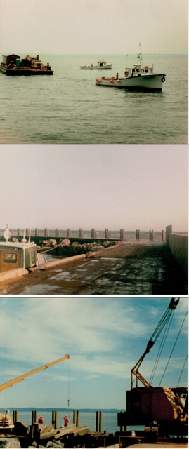 Three colour photographs showing vessels near a barge, a wharf under construction, and cranes beside timber piles.