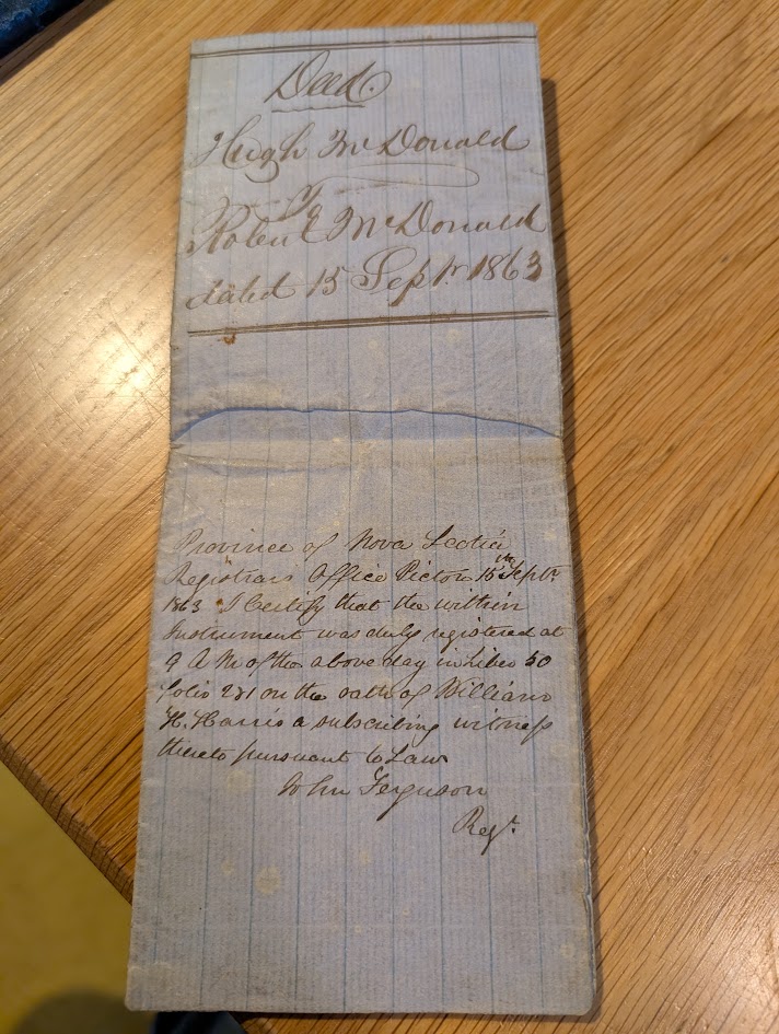 Front page of the 1863 deed involving Hugh and Robert McDonald