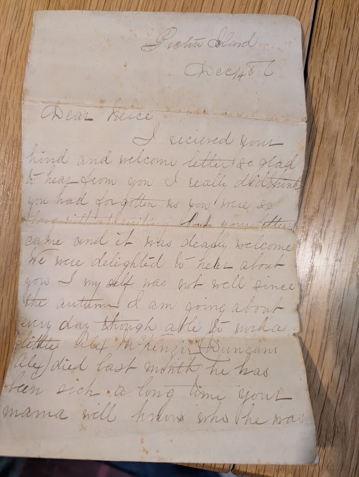 First page of an 1886 letter from Pictou Island