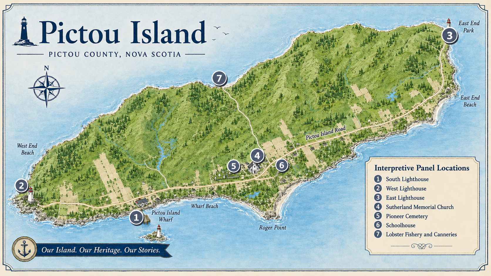 Illustrated map of Pictou Island showing seven interpretive panel locations